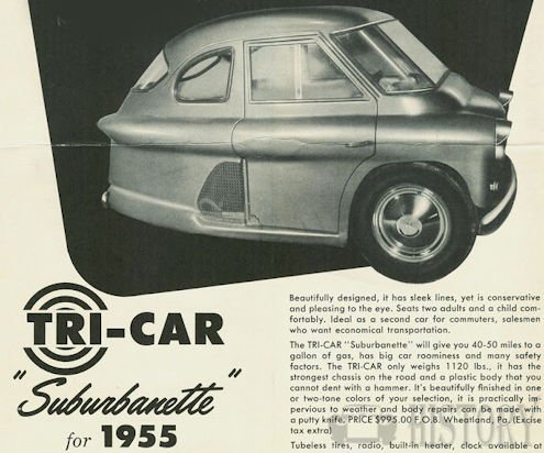 Tri-Car Company Automotive manufacturer of Wheatland Pennsylvania.United States from 1955. Automotive manufacturer of Wheatland Pennsylvania.United States from 1955.